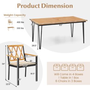 Tangkula 7-Piece Patio Dining Set, Acacia Wood Outdoor Furniture Set with 2” Umbrella Hole and Seat Cushions, Rectangular Dining Table and 6 Chairs Set for Patio Garden Poolside Backyard