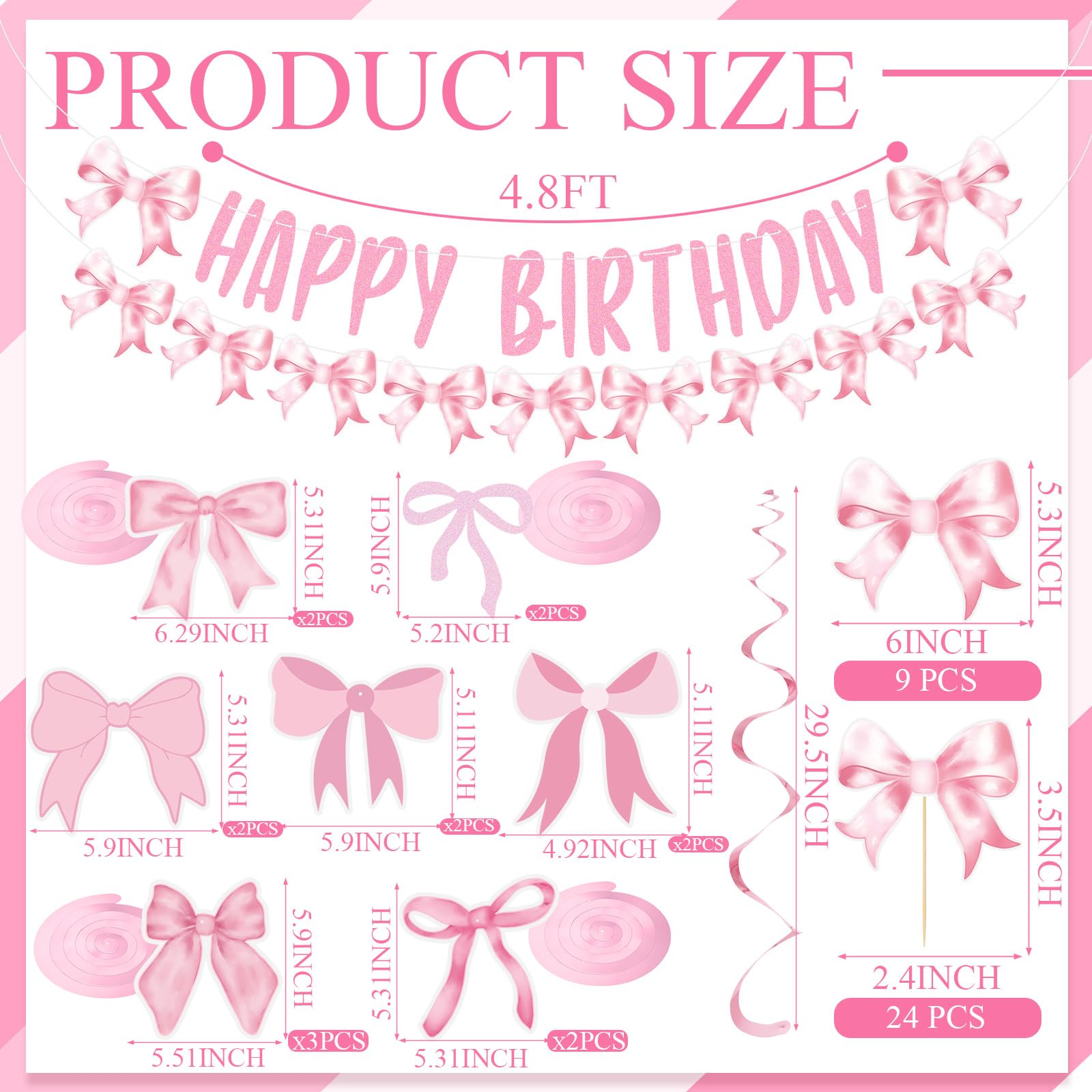 Colingmill 41 Pcs Coquette Bow Birthday Decorations Includes 2 Pcs Pink Bow Birthday Banner Garland 15 Pcs Pink Bow Party Hanging Swirls 24 Pcs Bow Cupcake Toppers for Wedding Baby Shower Party Decor