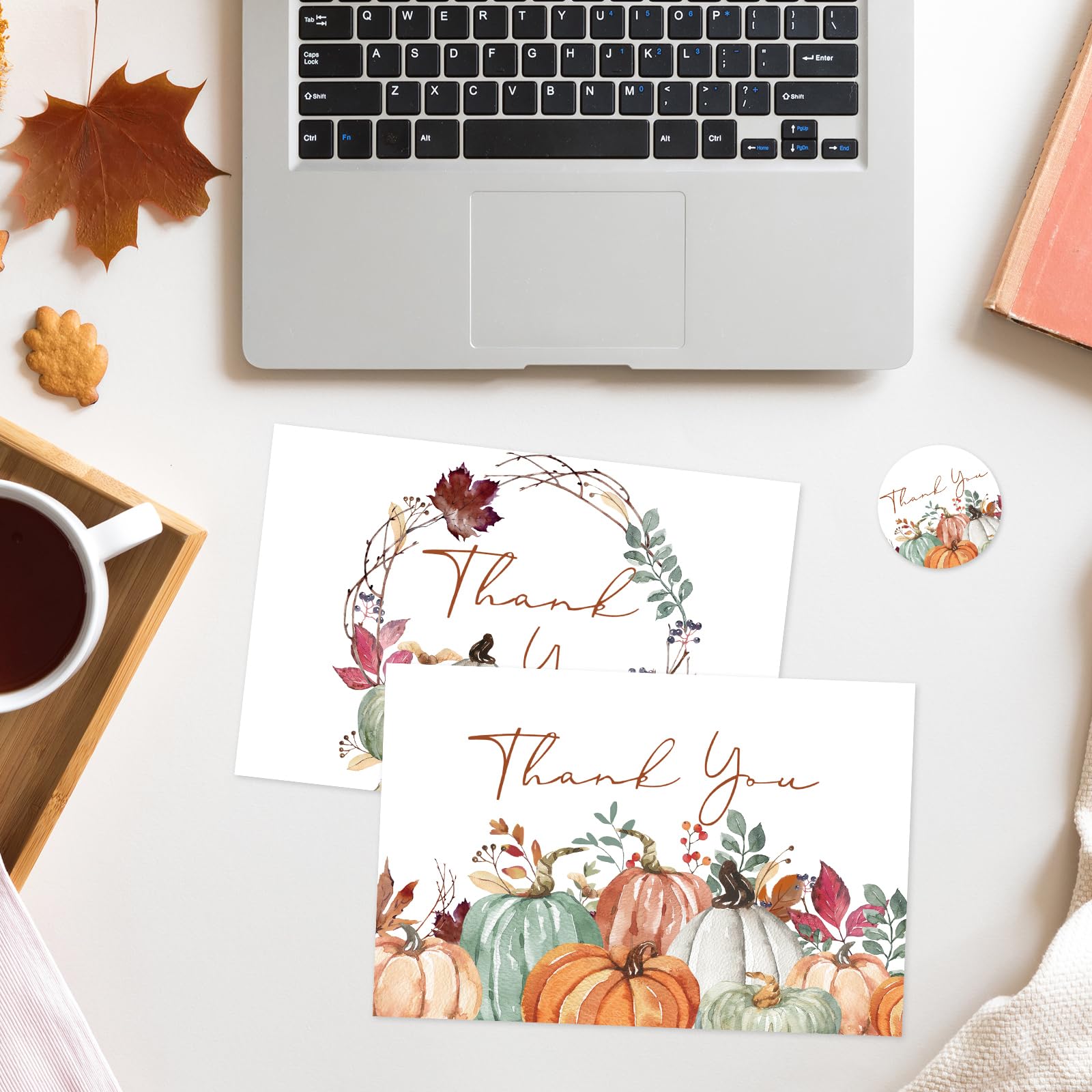 Whaline 30 Pack Fall Thank You Cards Bulk Watercolor Autumn Leaves Pumpkin Thank You Note Cards with Kraft Envelopes Stickers for Wedding Thanksgiving Harvest