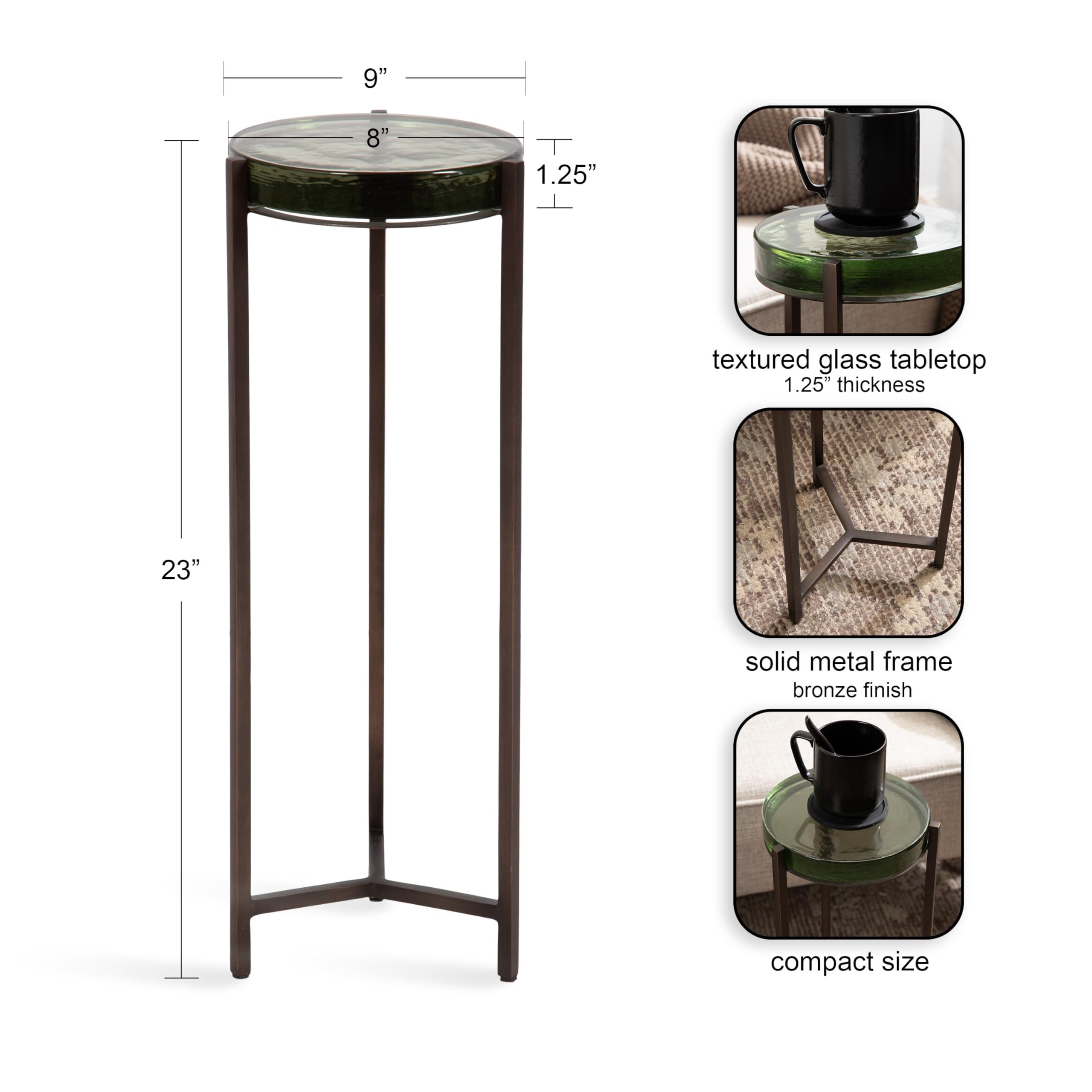 Kate and Laurel Aguilar Modern Drink Table, 9 x 9 x 23, Sage Green Glass and Bronze, Unique Round Glass Mini Table for Use as Bathroom Accent Table or Pedestal Martini Table