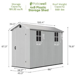 Patiowell 4' x 8' Outdoor Storage Shed with Floor, Plastic Shed Outside Resin Tool Shed with Two Windows and Lockable Door for Backyard Garden Patio Lawn, Light Grey (Fit-it Shed)