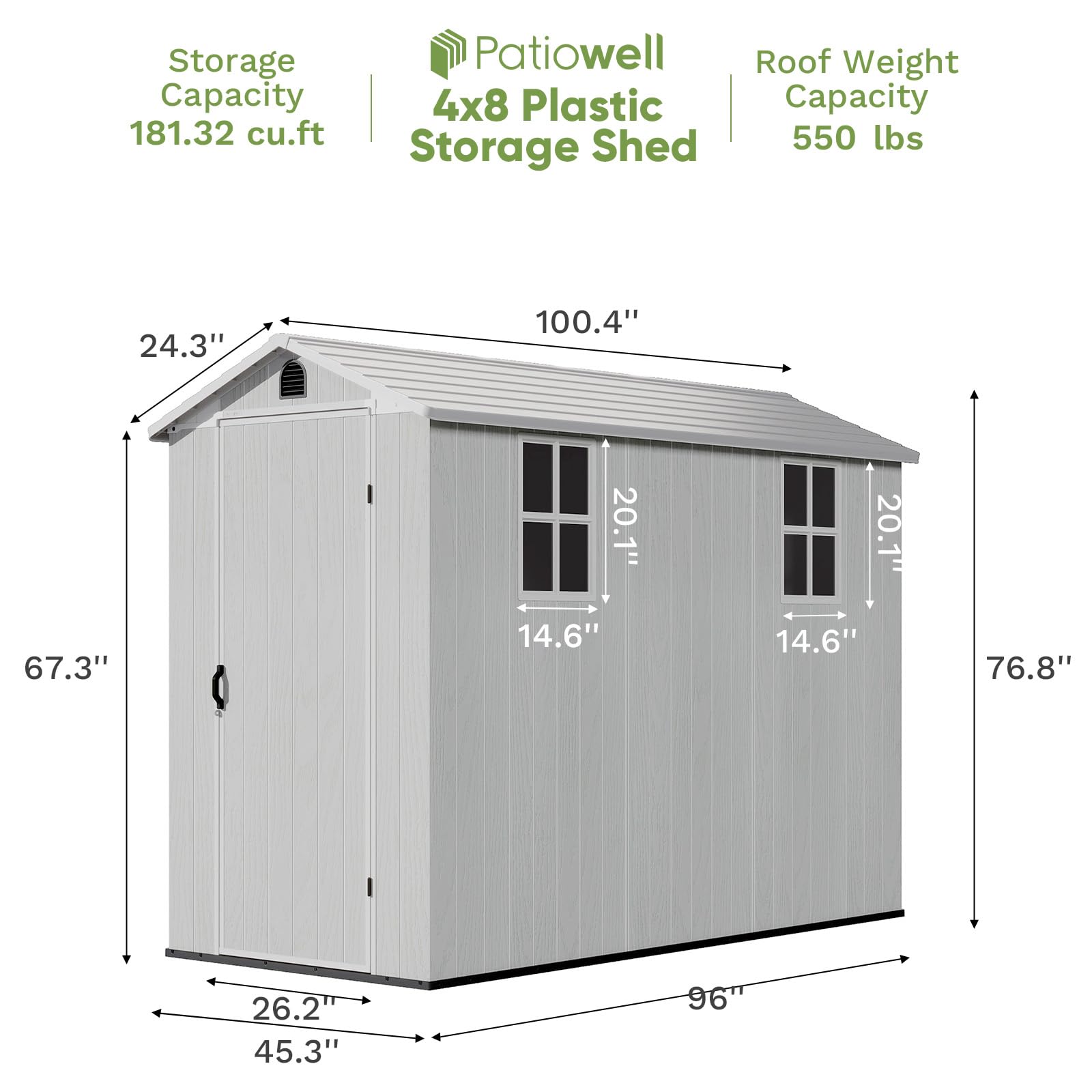 Patiowell 4' x 8' Outdoor Storage Shed with Floor, Plastic Shed Outside Resin Tool Shed with Two Windows and Lockable Door for Backyard Garden Patio Lawn, Light Grey (Fit-it Shed)