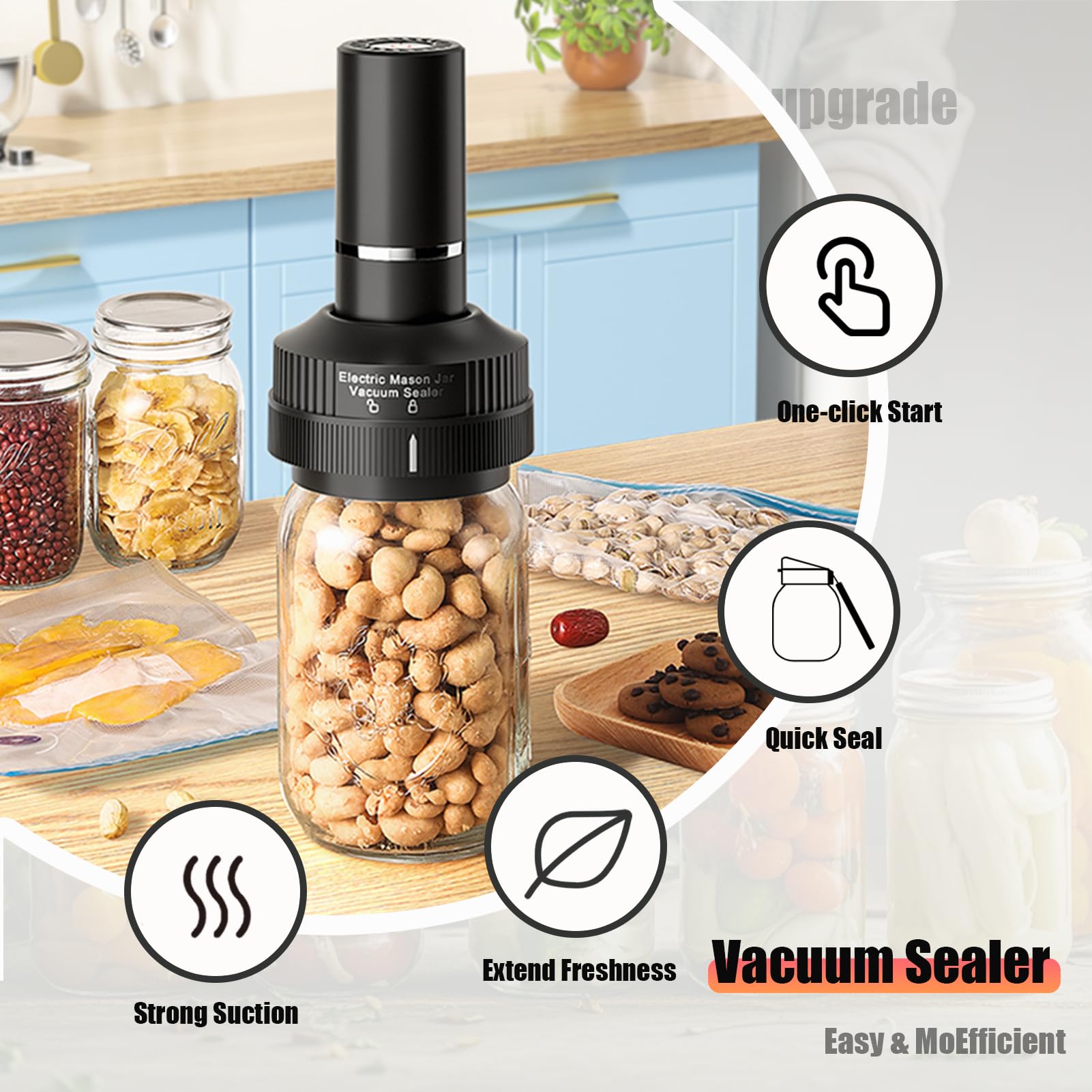 Electric Mason Jar Vacuum Sealer Kit for Wide Mouth & Regular Mouth Mason Jars, Rechargeable & Portable Vacuum Sealer for Canning & Vacuum Bag, Cordless Vacuum Sealing Machine for Canned Food Storage