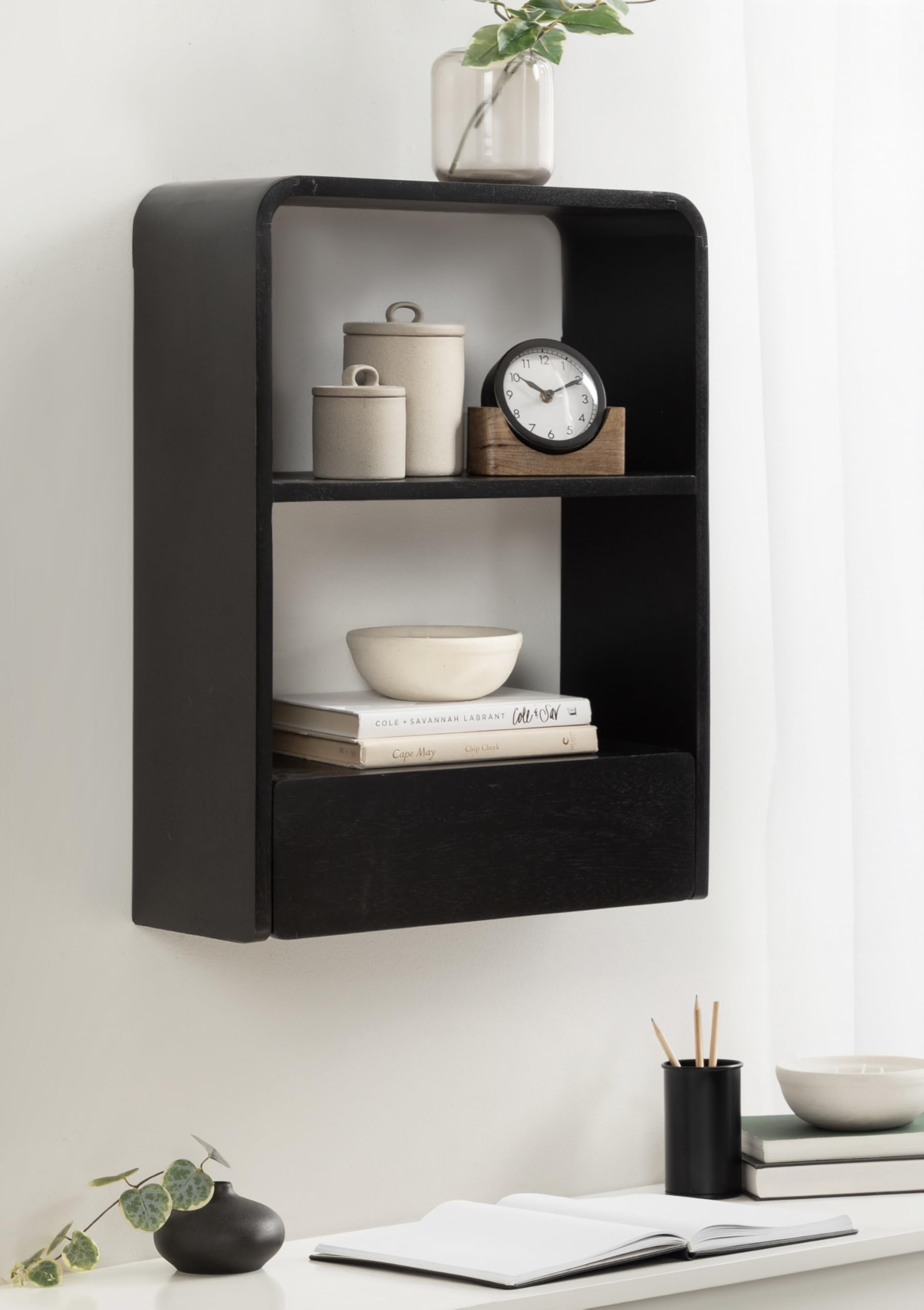 Kate and Laurel Kato Modern Wall Shelf with Drawer, 18 x 24, Black, Decorative Over The Toilet Shelf for Use as Bathroom Storage or Living Room Display Shelf