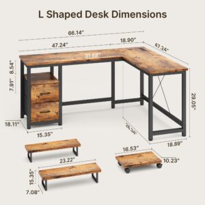 Gizoon 66” L Shaped Desk with Drawers, Large Corner Computer Gaming Desk with Power Outlet, Dual Monitor Stand and Shelves, Rustic Brown