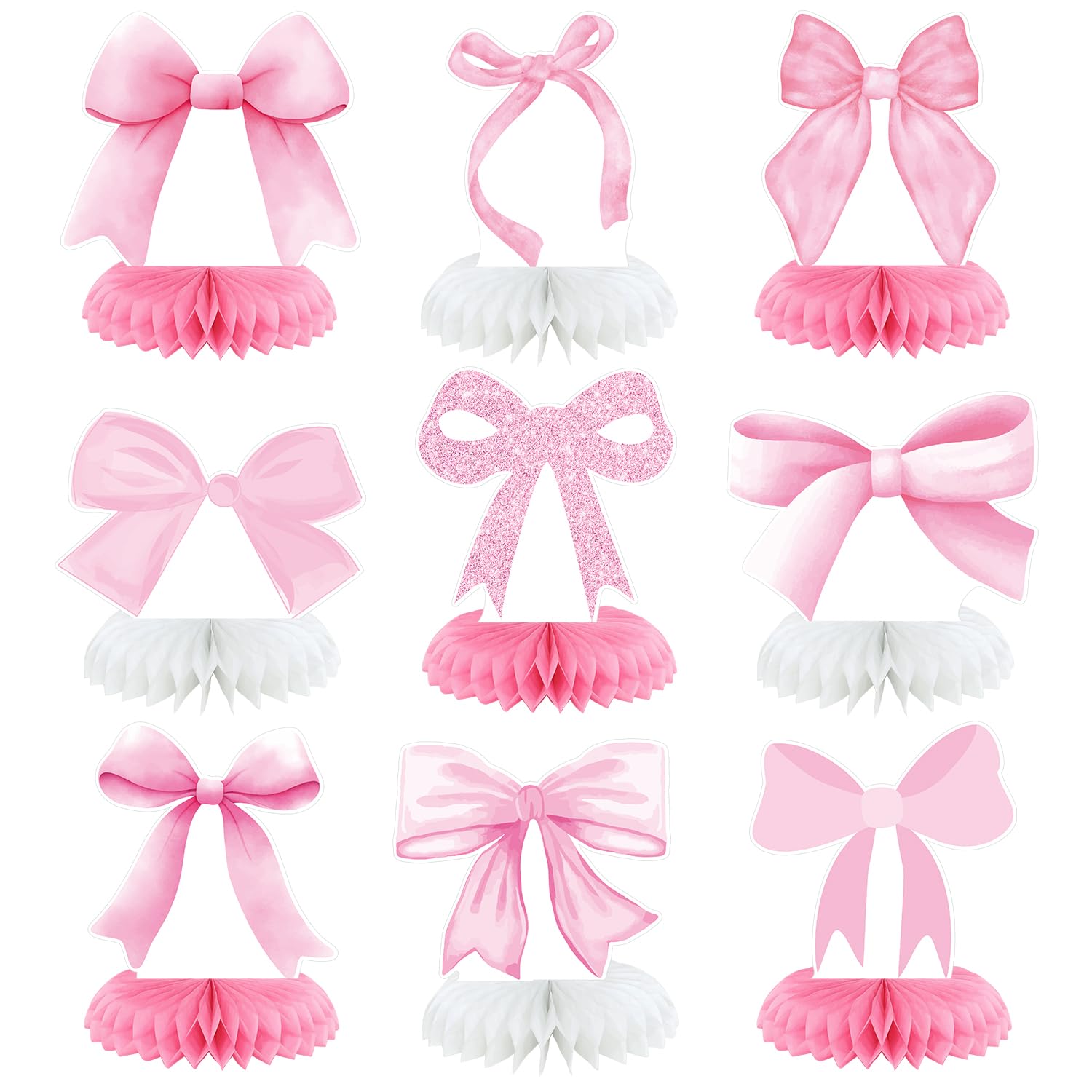 Pink Bow Party Honeycomb Centerpieces Decorations, 9Pcs Coquette Birthday Decorations, Pink Bow decorations for Birthday Bachelorette Bridal Party Decor