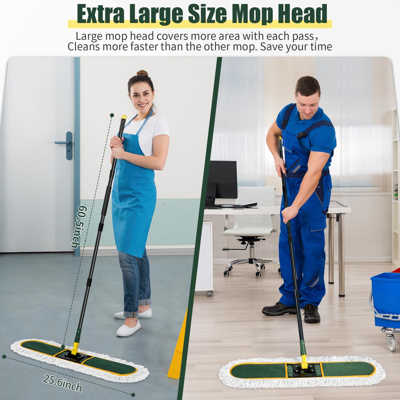 24" Commercial Dust Mop for Floor Cleaning, Heavy Duty Large Mop with Replacement Mop Pads, Industrial Duster Floor Wet Dry Mop for Cleaning Office Garage Hardwood Warehouse Factory Mall