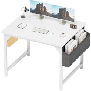 shahoo 32 inch computer desk modern simple style woodern table with storage bag and hook for home, office, study, writing, white