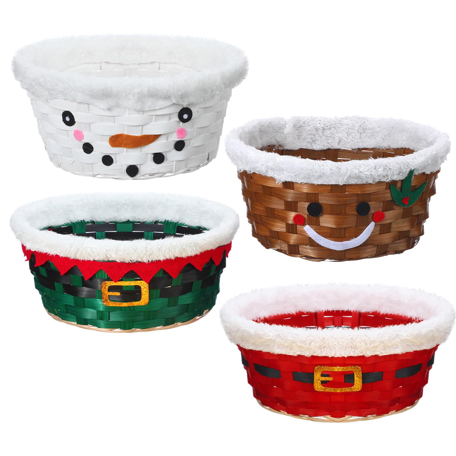 Youyole 4 Pieces Christmas Basket for Gifts Snowman Woven Bamboo Basket Xmas Round Gingerbread Basket Small Santa Claus for Christmas Party Supplies Gift Snack Storage