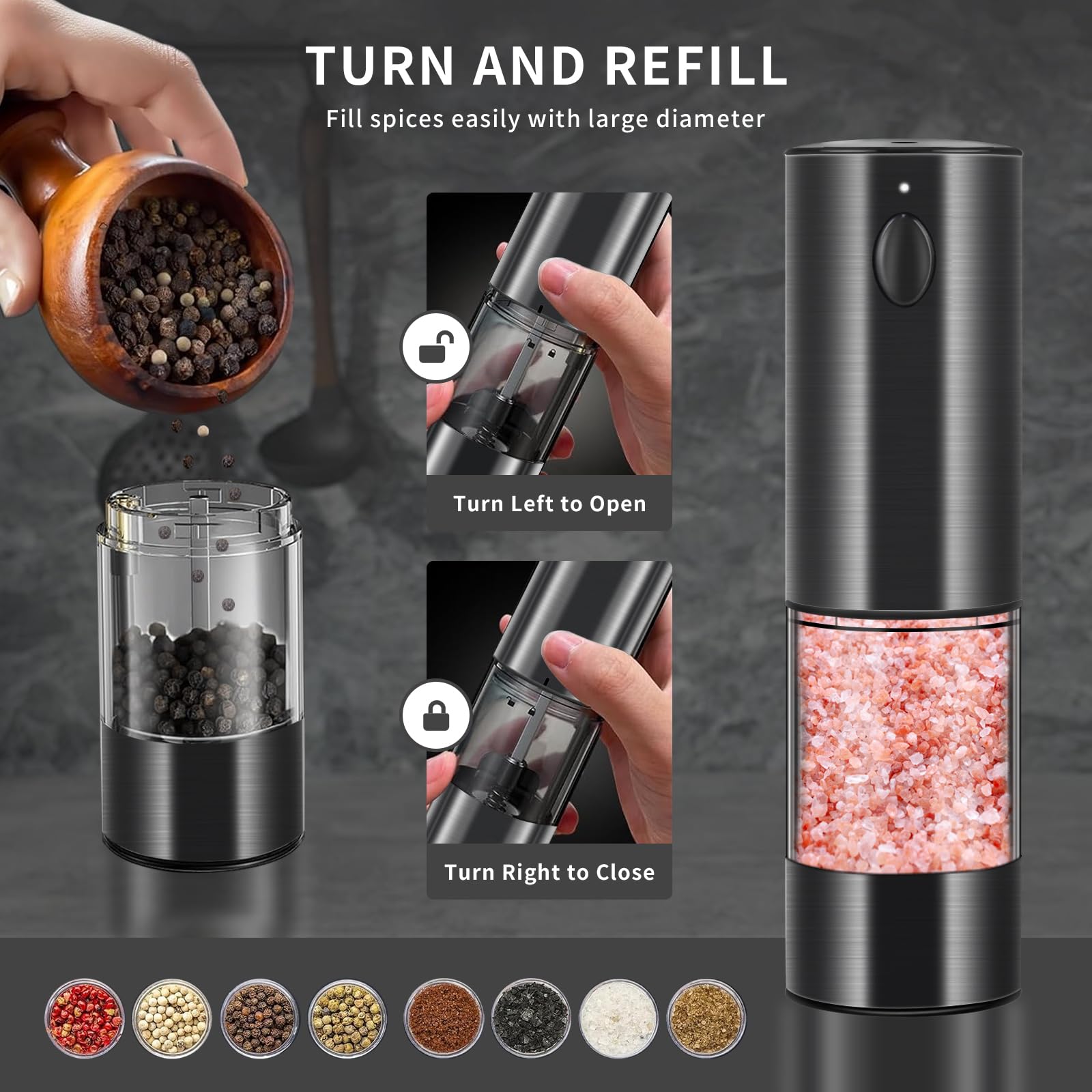 Upgraded Larger Capacity Electric Salt and Pepper Grinder Set Rechargeable with LED lights, Stainless Steel Automatic Salt and Pepper Mill Set Refillable with 5 Adjustable Coarseness