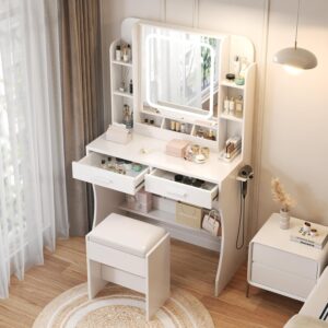 Vanity Desk with Mirror and Lights, Makeup Vanity Table with 2 Drawers and Shelves, Built-in Power Outlet and Hairdryer Holder, 3 Color Modes Available, Vanity Desk with Chair Set for Bedroom, White