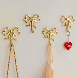 TIMCHESS 2Pcs 3.75 x 3.94 inches Gold Bow Hooks for Wall, Brass Bow Hooks Door Hanger, Decorative Towel Hooks Coat Hat Hooks, Bow Wall Decor for Bathroom Kitchen Living Room