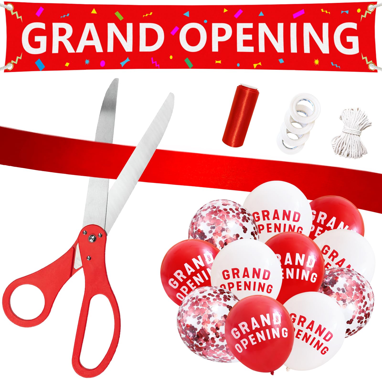 PURREITTI Red Grand Opening Ribbon Cutting Ceremony Kit with 25" Giant Scissors, 5Yd 4" Wide Ribbons, 10Ft Grand Opening Banner with Rope, 30 Pack Balloons Set with 3 Rolls 32Ft Ribbons