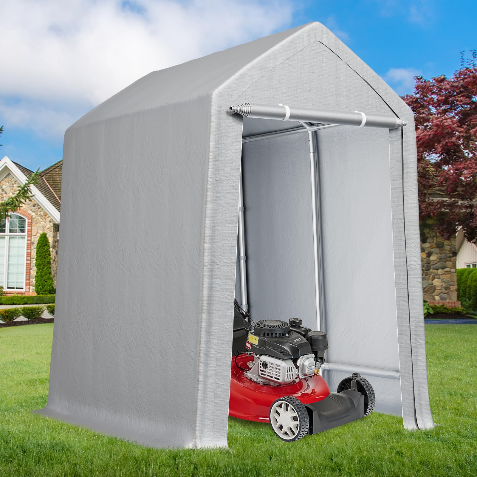 GarveeLife Carport Canopy, 6x6 FT Heavy Duty Carport Waterproof, Portable Garage with Removable Sidewalls & Doors Car Canopy with All-Season Tarp for Motorcycle, Bike, Garden Tools, Grey