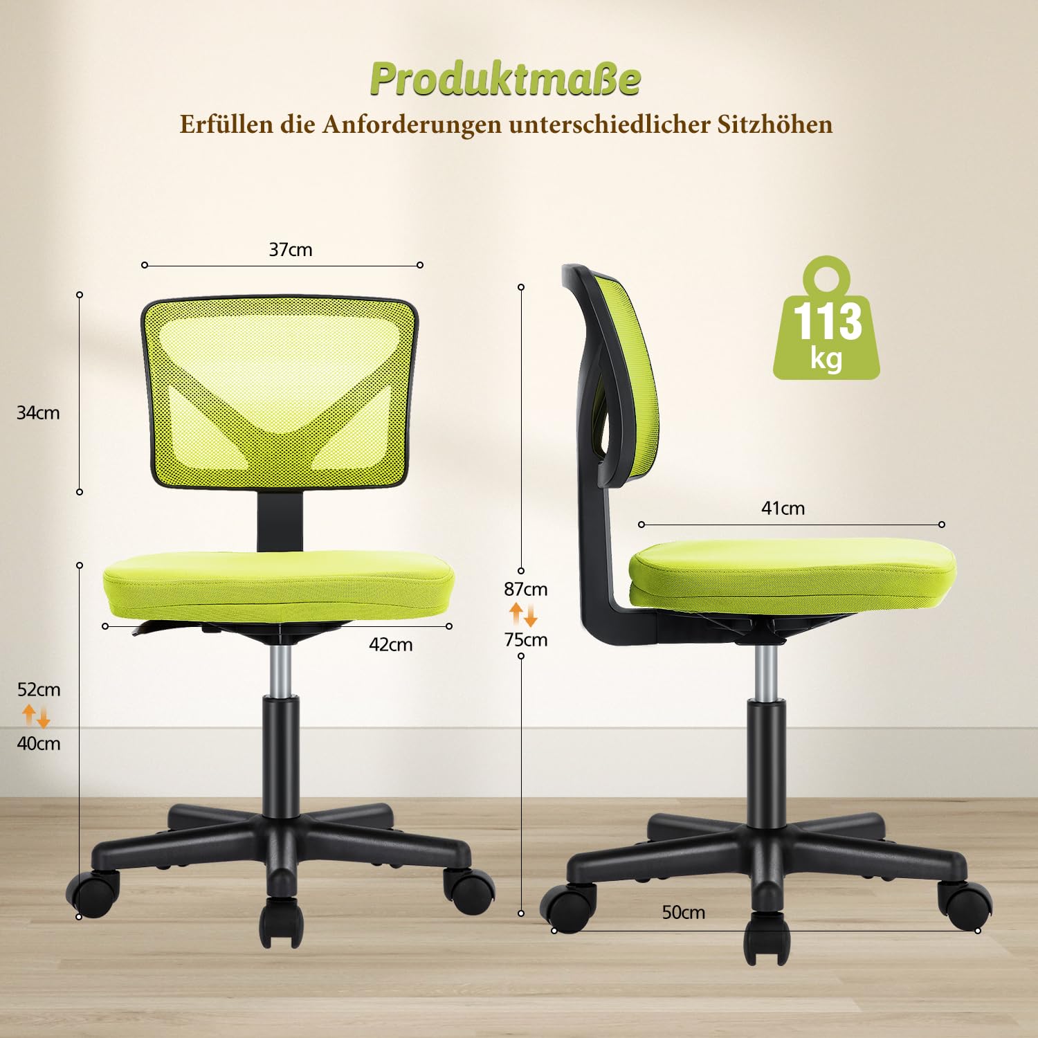 DUMOS Armless Desk Chairs with Wheels Cute Home Office Chair No Arms, Ergonomic Adjustable Swivel Rolling Task Chair, Comfy Mesh Mid Back Computer Work Vanity Chair for Small Spaces, Green