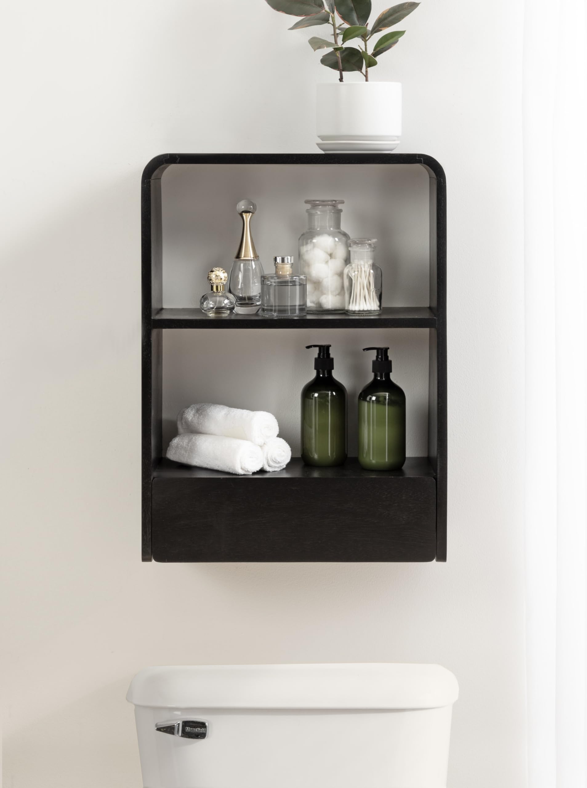 Kate and Laurel Kato Modern Wall Shelf with Drawer, 18 x 24, Black, Decorative Over The Toilet Shelf for Use as Bathroom Storage or Living Room Display Shelf