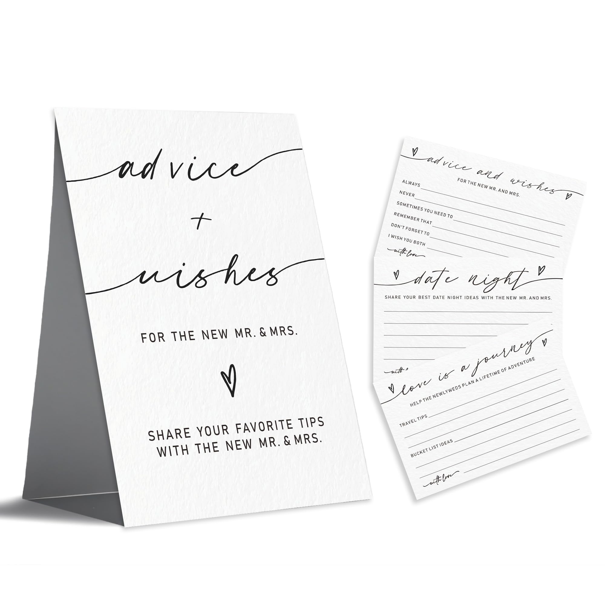 Advice And Wishes Card Set For The New Couples, 1 Standing Sign 15 Advice Cards, 15 Date Night Cards Cards 15 Journey Idea Cards For Bride, Groom, Newlyweds, Wedding Favors & Supplies(White)-C01