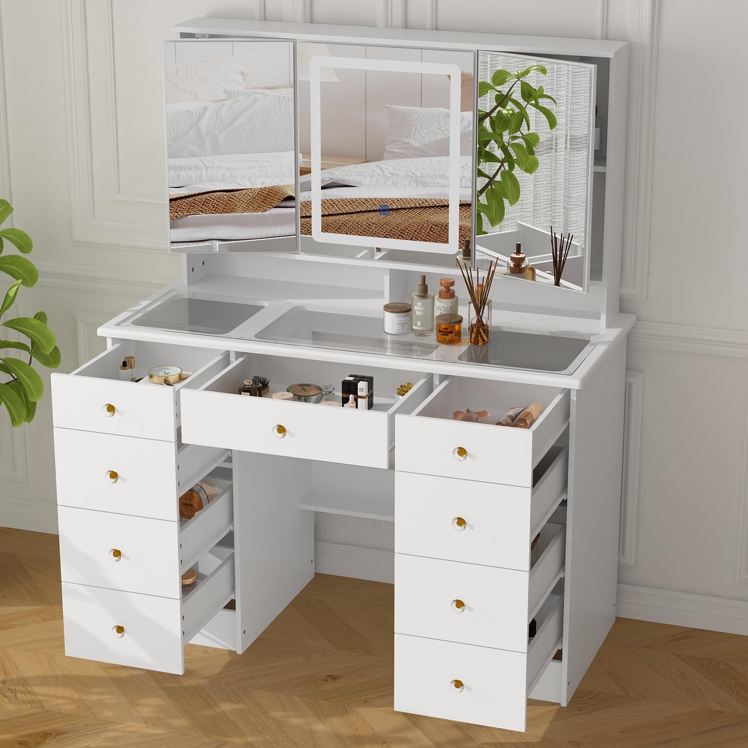 ROMSHINE White Vanity Desk with Trifold Mirrors & LED Light, Large Makeup Vanity with Glass Top, 9 Drawers & Shelves, Modern Vanity Desk with Mirrored Doors in 3 Colors, Thickened Tabletop, White