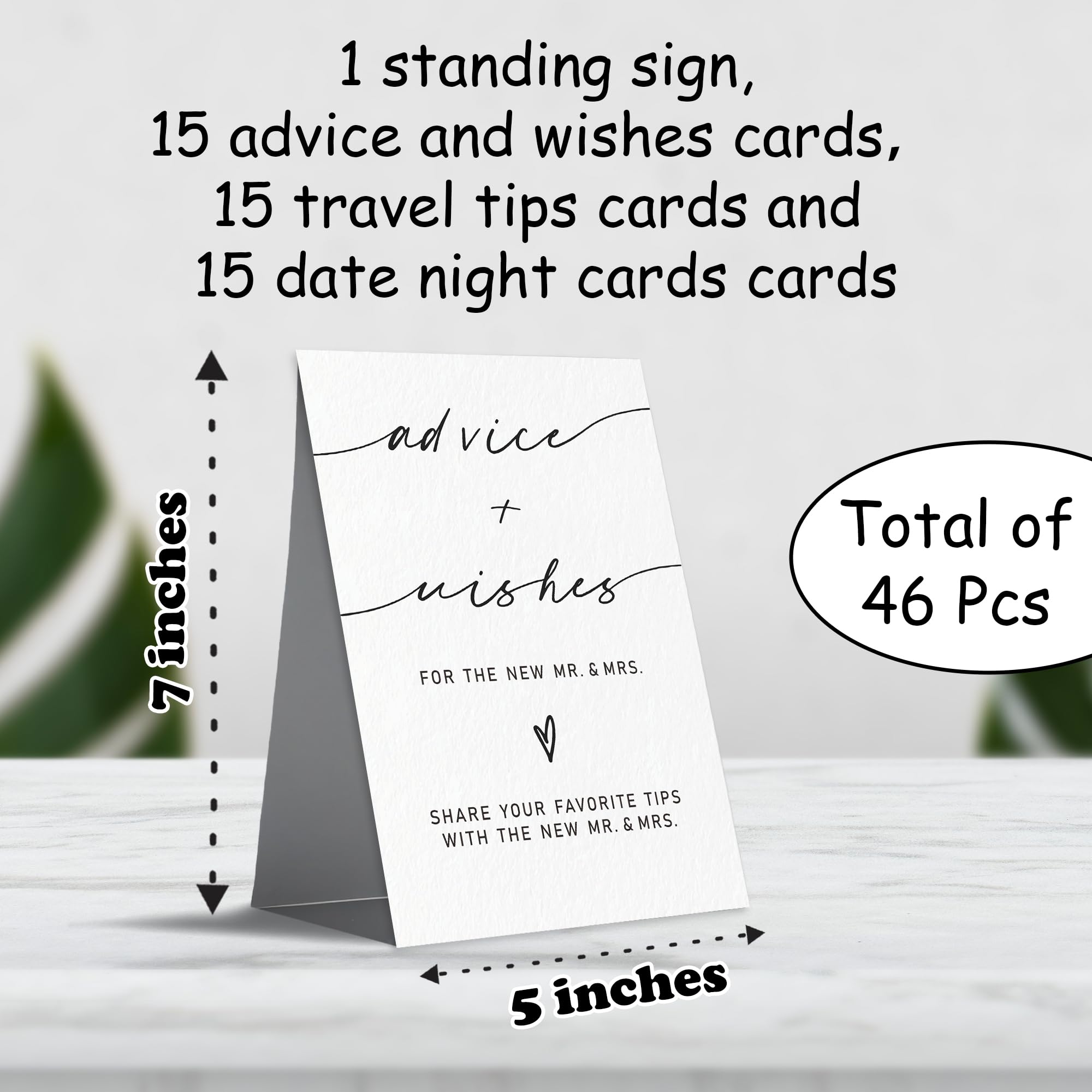 Advice And Wishes Card Set For The New Couples, 1 Standing Sign 15 Advice Cards, 15 Date Night Cards Cards 15 Journey Idea Cards For Bride, Groom, Newlyweds, Wedding Favors & Supplies(White)-C01