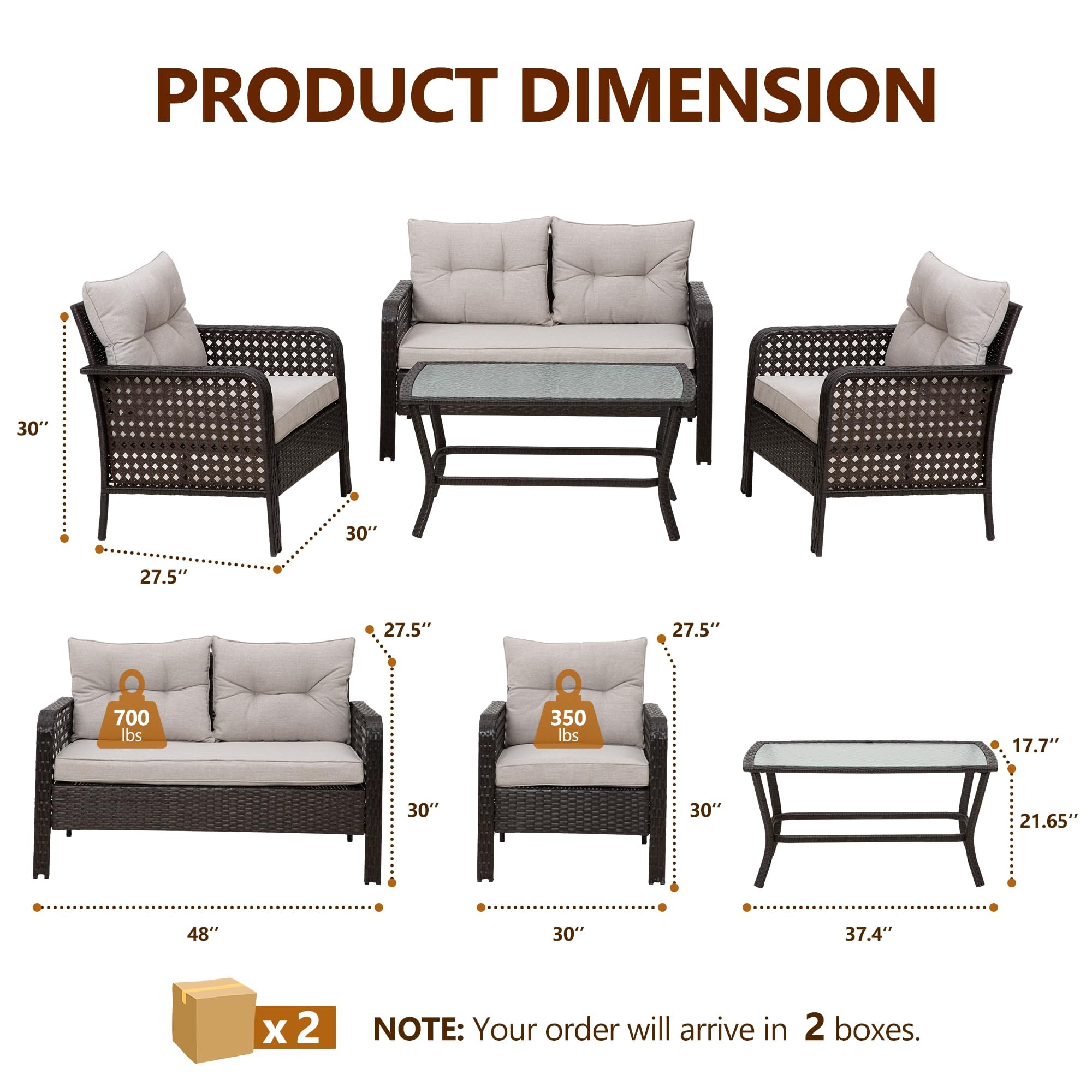 RoyalCraft Patio Furniture Set 4 Pieces, Wicker Conversation Sets with Cushions and Glass Coffee Table, Outdoor Rattan Chair for Garden Backyard Porch Balcony Deck, Brown and Beige