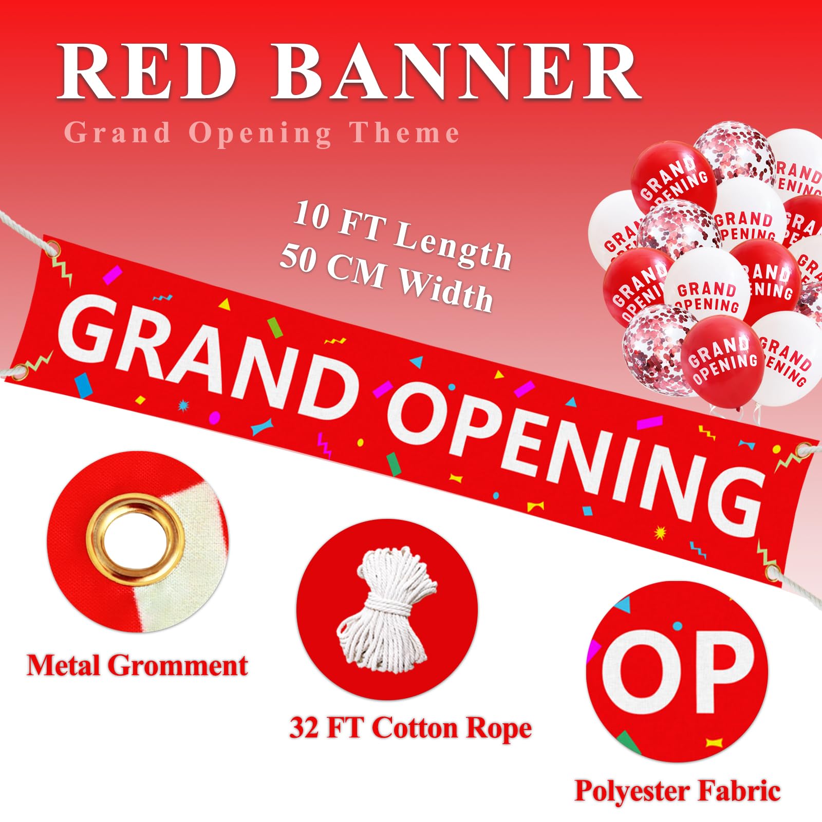 PURREITTI Red Grand Opening Ribbon Cutting Ceremony Kit with 25" Giant Scissors, 5Yd 4" Wide Ribbons, 10Ft Grand Opening Banner with Rope, 30 Pack Balloons Set with 3 Rolls 32Ft Ribbons