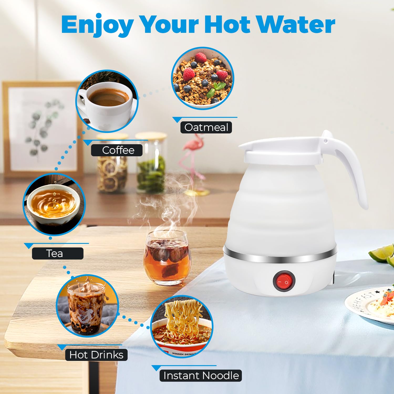 Foldable Electric Kettle for Travel, Portable Collapsible 600ML Kettle with Auto Shut-Off, 110V Silicone Quick Boiling Hot Water Kettle for Coffee Tea Boiling Water