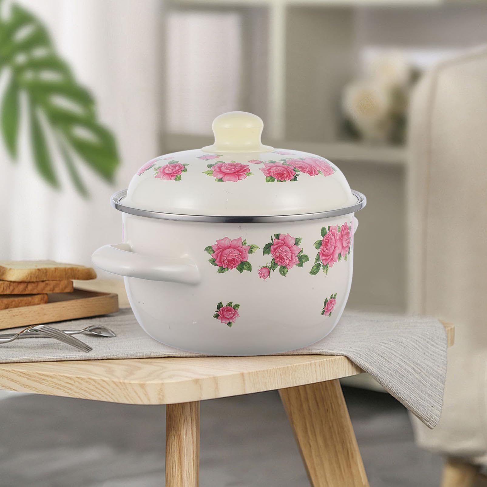 VOSAREA Enamelware Pot, 18cm Enamel Stockpot with Lid Floral Retro Cooking Pot Simmer Pot Deep Enamelware Soup Pot for Home Restaurant 2L