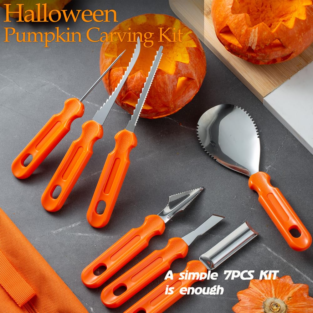 Halloween Pumpkin Carving Kit, Professional Heavy Duty Carving Set, Stainless Steel Pumpkin Carving Tools for Halloween, Jack-O-Lantern Decoration Sculpting Set for Adults and Kids(7 PCS)