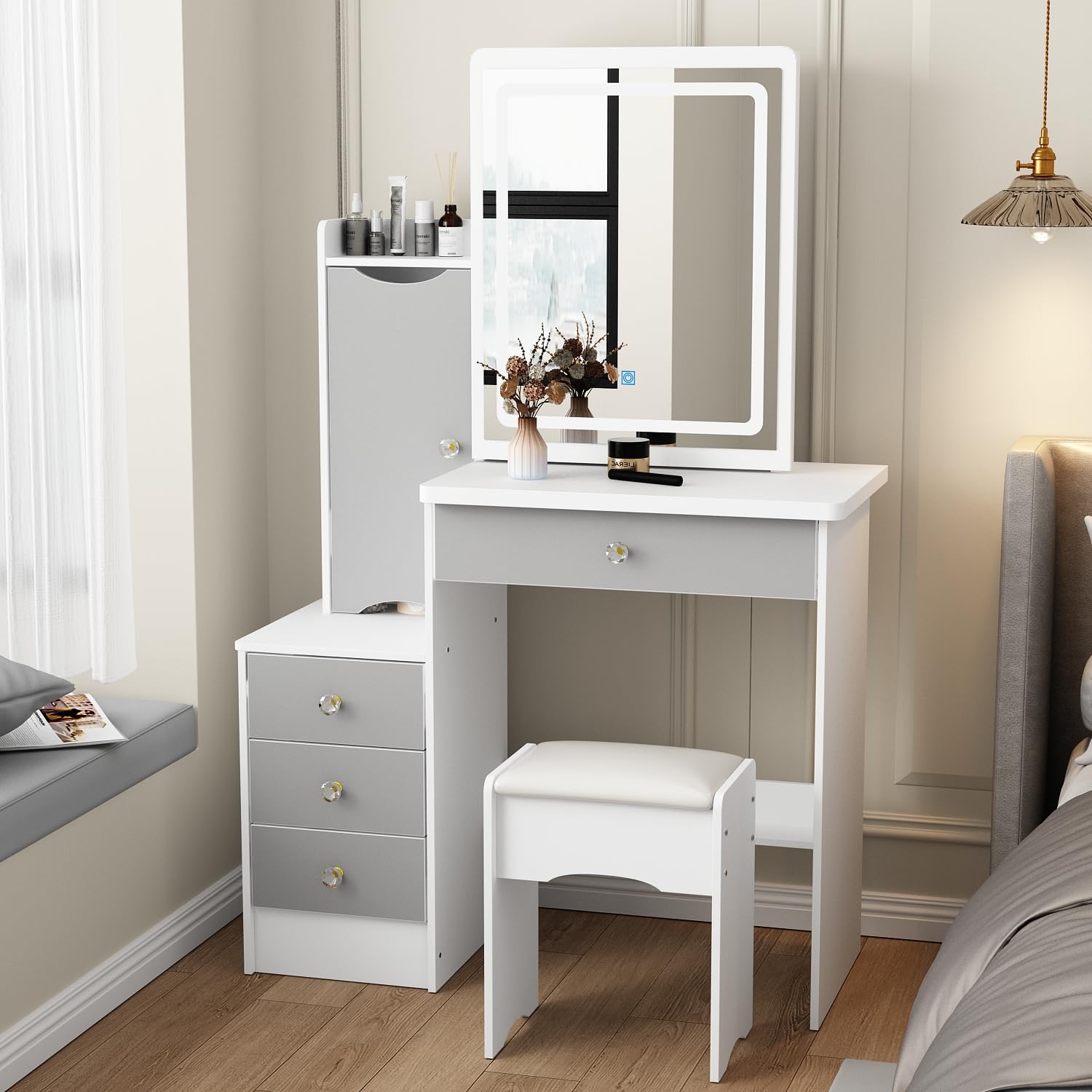 ROMSHINE Small Vanity Desk with Sliding Lighted Mirror, Makeup Desk Vanity with Stool, 3 Colors LED Mirror Vanity with 4 Drawers & Open/Hidden Shelves, Bedroom Space-Saving, White & Grey