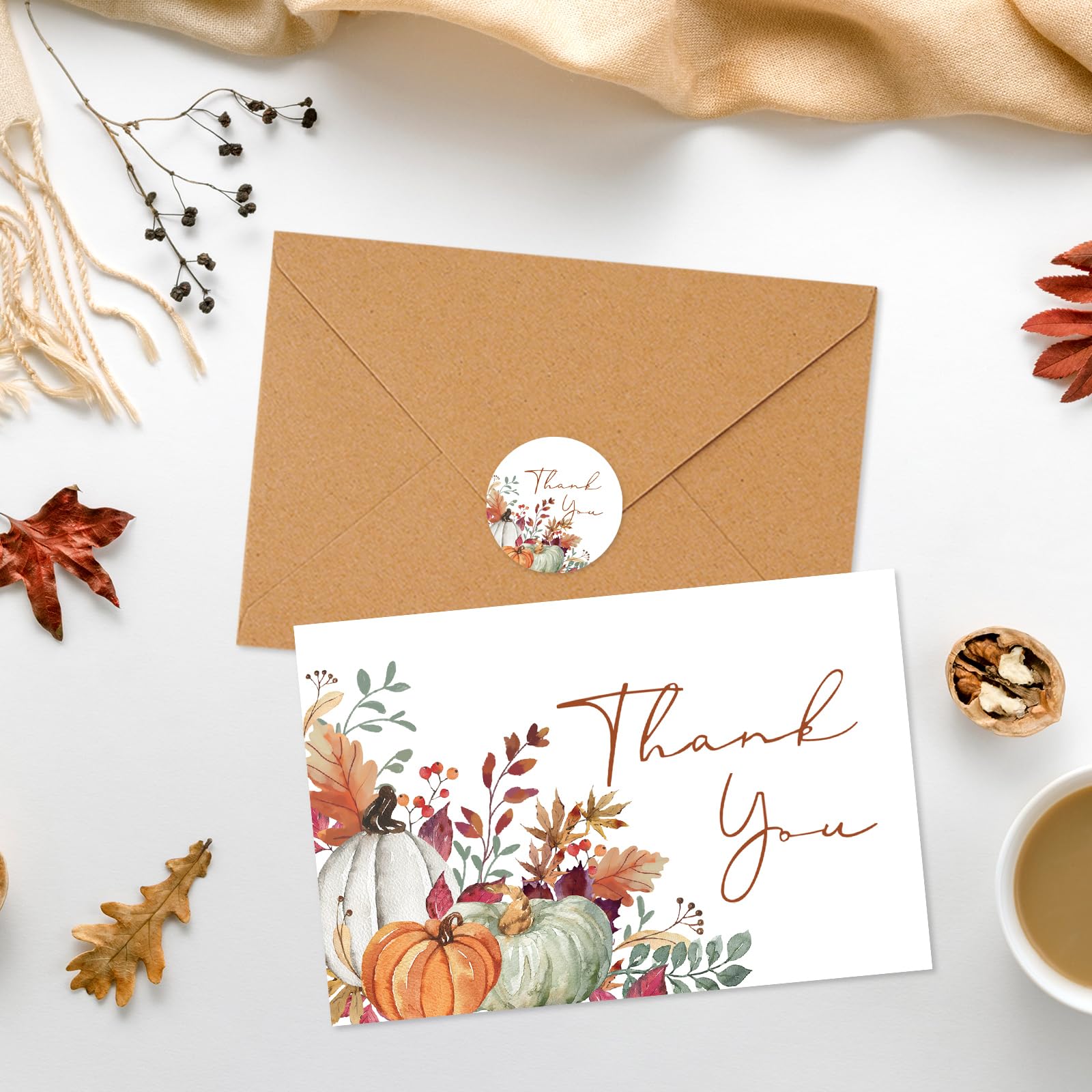 Whaline 30 Pack Fall Thank You Cards Bulk Watercolor Autumn Leaves Pumpkin Thank You Note Cards with Kraft Envelopes Stickers for Wedding Thanksgiving Harvest