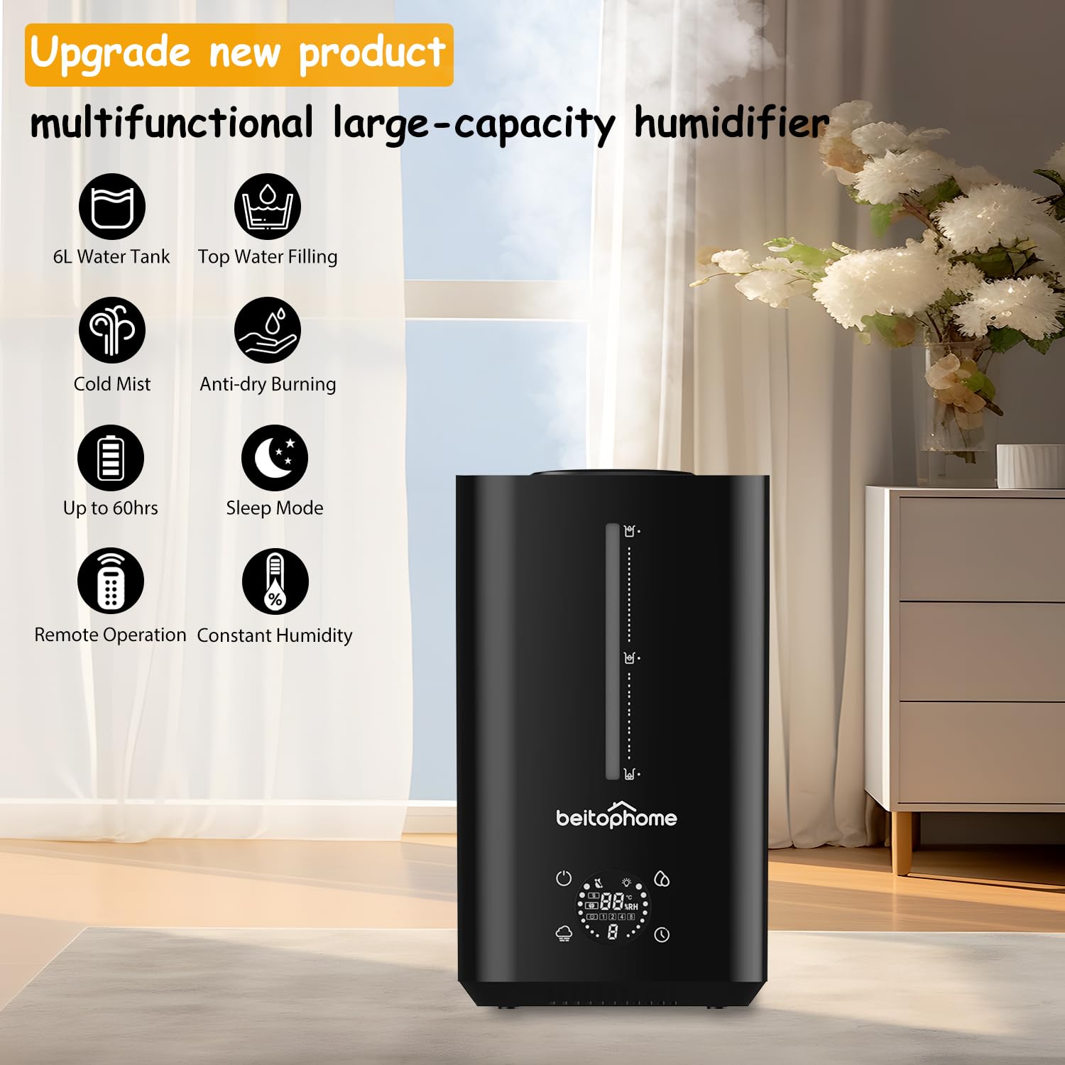 6L Humidifiers for Bedroom Large Room, Cool Mist Humidifier for Baby and Plants, Top Fill Humidifiers with Remote Control, Smart Humidistat Control, Quiet, Adjustable Mist, Up to 50 Hours, Black