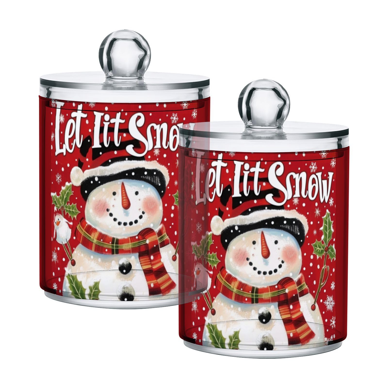 foixnub Christmas Red Snowman 2 Pcs Bathroom Organizer Snowflake Qtip Holder Organizer Dispenser Storage Canister Plastic Apothecary Jars Vanity Organizers for Cotton Swab Ball Pads Floss