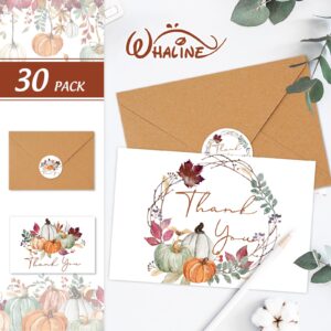 Whaline 30 Pack Fall Thank You Cards Bulk Watercolor Autumn Leaves Pumpkin Thank You Note Cards with Kraft Envelopes Stickers for Wedding Thanksgiving Harvest