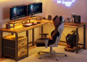 gizoon 66” l shaped desk with drawers, large corner computer gaming desk with power outlet, dual monitor stand and shelves, rustic brown