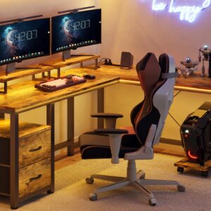 Gizoon 66” L Shaped Desk with Drawers, Large Corner Computer Gaming Desk with Power Outlet, Dual Monitor Stand and Shelves, Rustic Brown