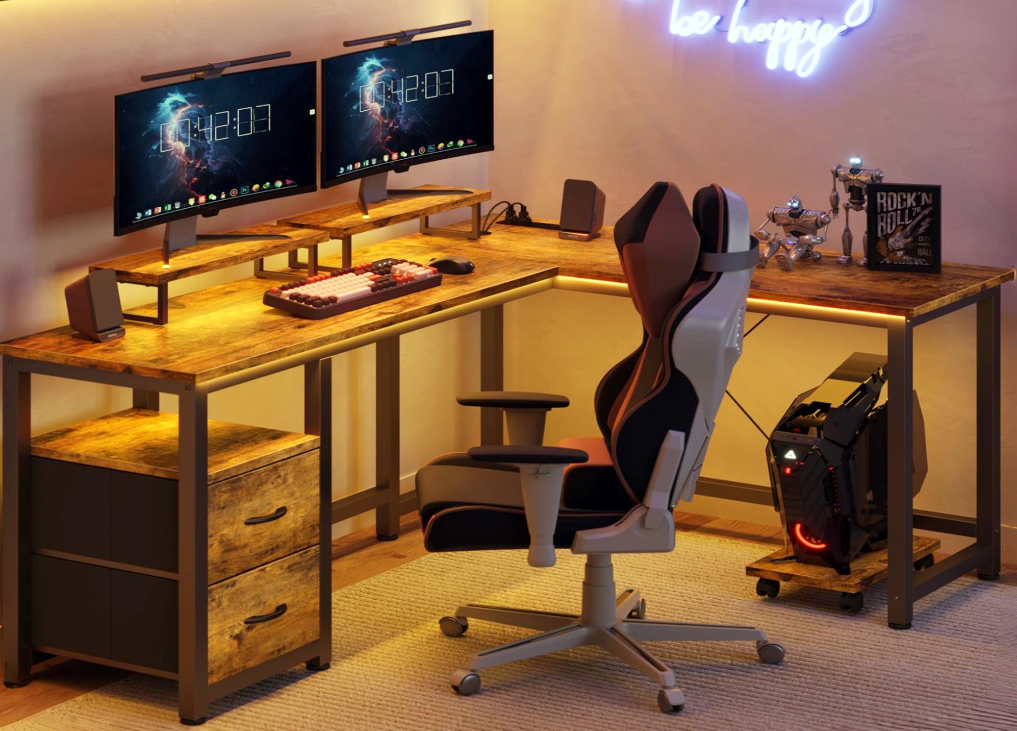 Gizoon 66” L Shaped Desk with Drawers, Large Corner Computer Gaming Desk with Power Outlet, Dual Monitor Stand and Shelves, Rustic Brown