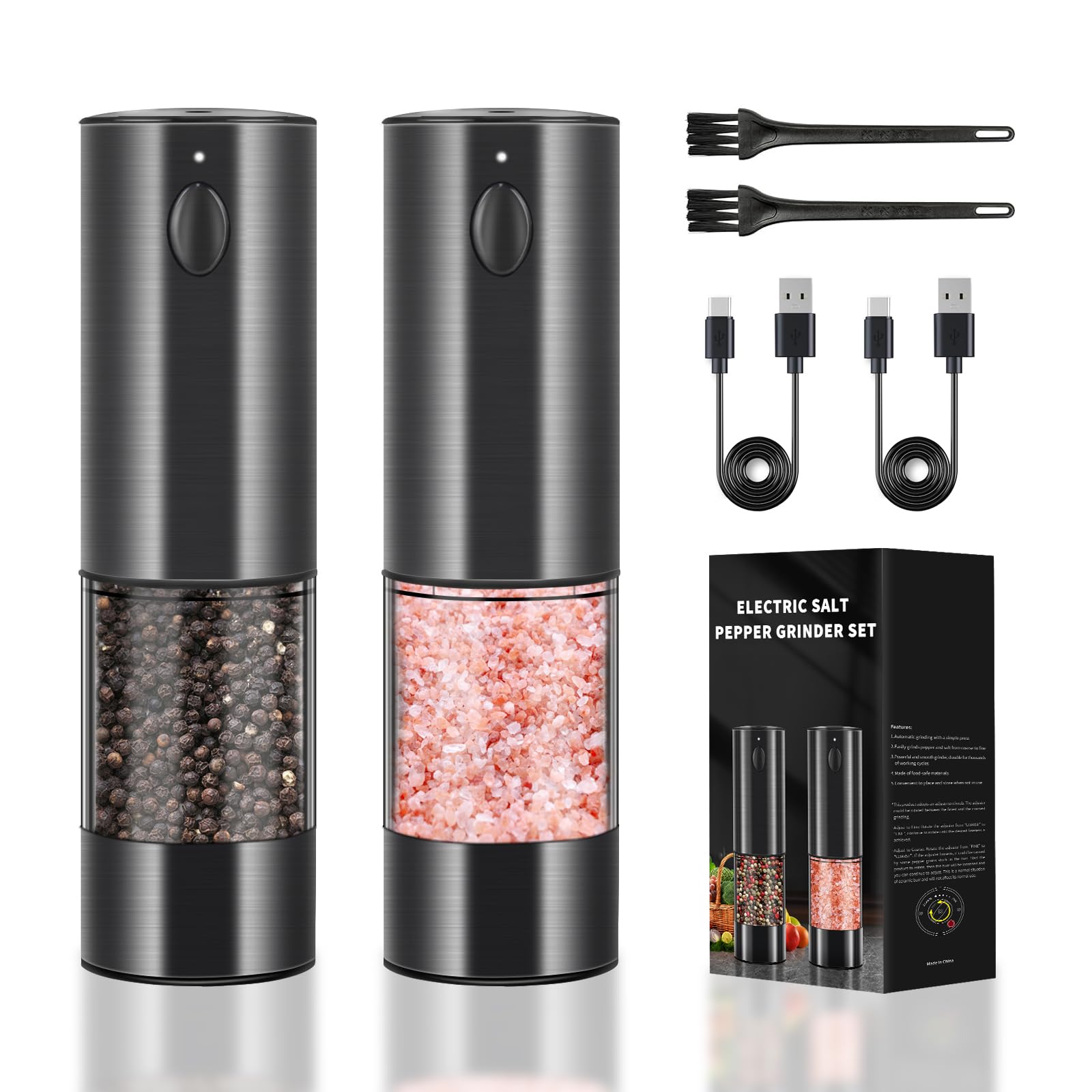 Upgraded Larger Capacity Electric Salt and Pepper Grinder Set Rechargeable with LED lights, Stainless Steel Automatic Salt and Pepper Mill Set Refillable with 5 Adjustable Coarseness