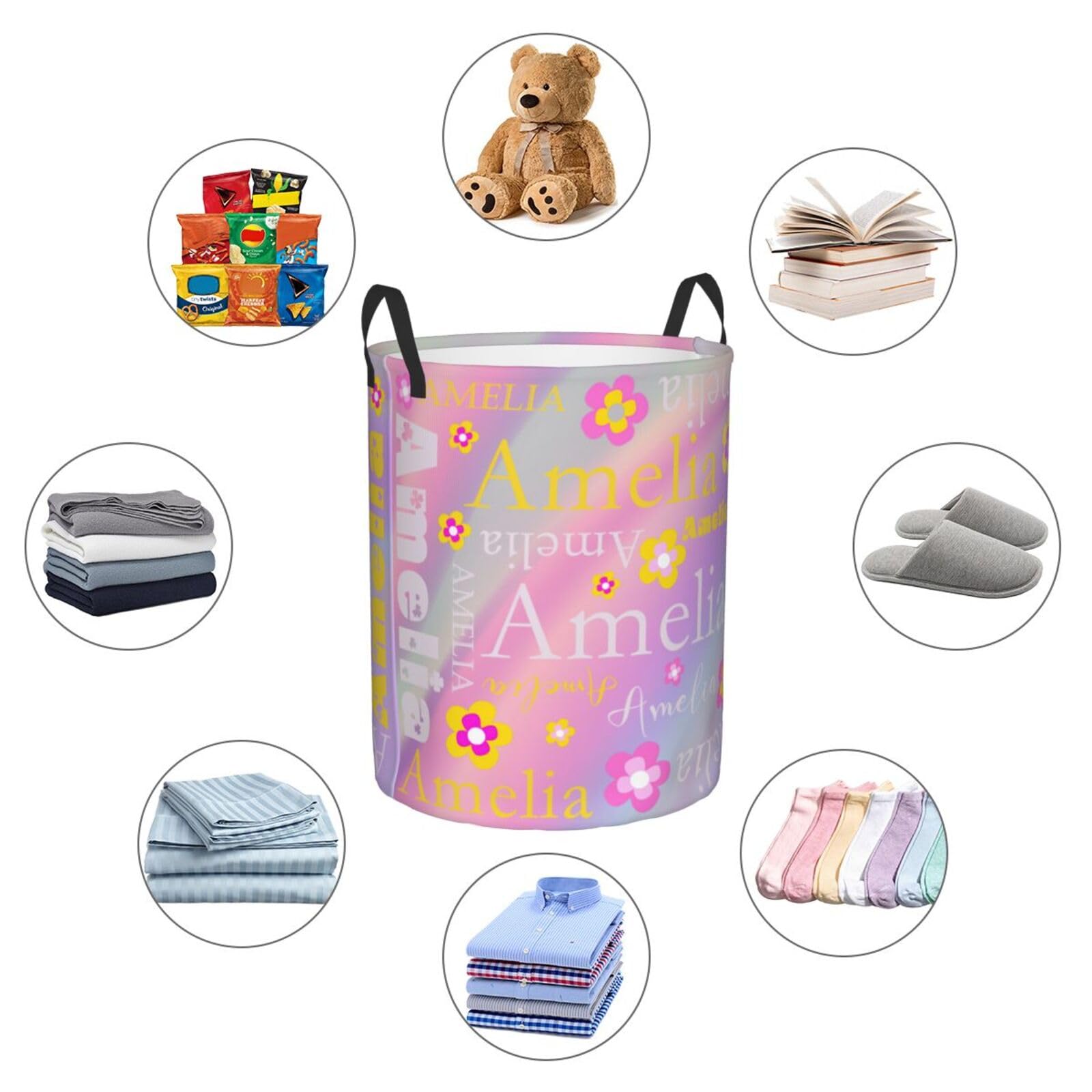 Personalized Laundry Basket Custom Laundry Hamper with Name Baby Storage Basket with Handles Circular Dirty Clothes Hamper For Girls Women