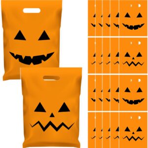 locmeo 48 pcs large plastic halloween pumpkin gift bags bulk 12 x 15'' halloween trick or treat party favors bags with handle halloween jack o lantern goodie treat bags for halloween party decor