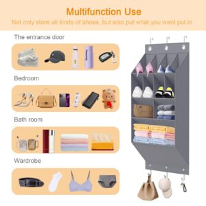 QINGUANG Over the Door Shoe Organizer for Closet, 1 Pack Hanging Shoe Rack, Oxford Fabric Shoe Storage Organizer, Shoe Holder Behind the Door with 11 Pockets,6 Hooks Each, Grey