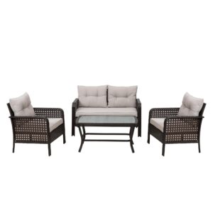 RoyalCraft Patio Furniture Set 4 Pieces, Wicker Conversation Sets with Cushions and Glass Coffee Table, Outdoor Rattan Chair for Garden Backyard Porch Balcony Deck, Brown and Beige