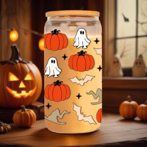 Halloween Cups - Halloween Gifts for Women - 16oz Ghost Bat Pumpkin Coffee Mug - Fall Tumbler with Lid and Straw - Spooky Drinking Glass for Her - Goth Halloween Party Favors