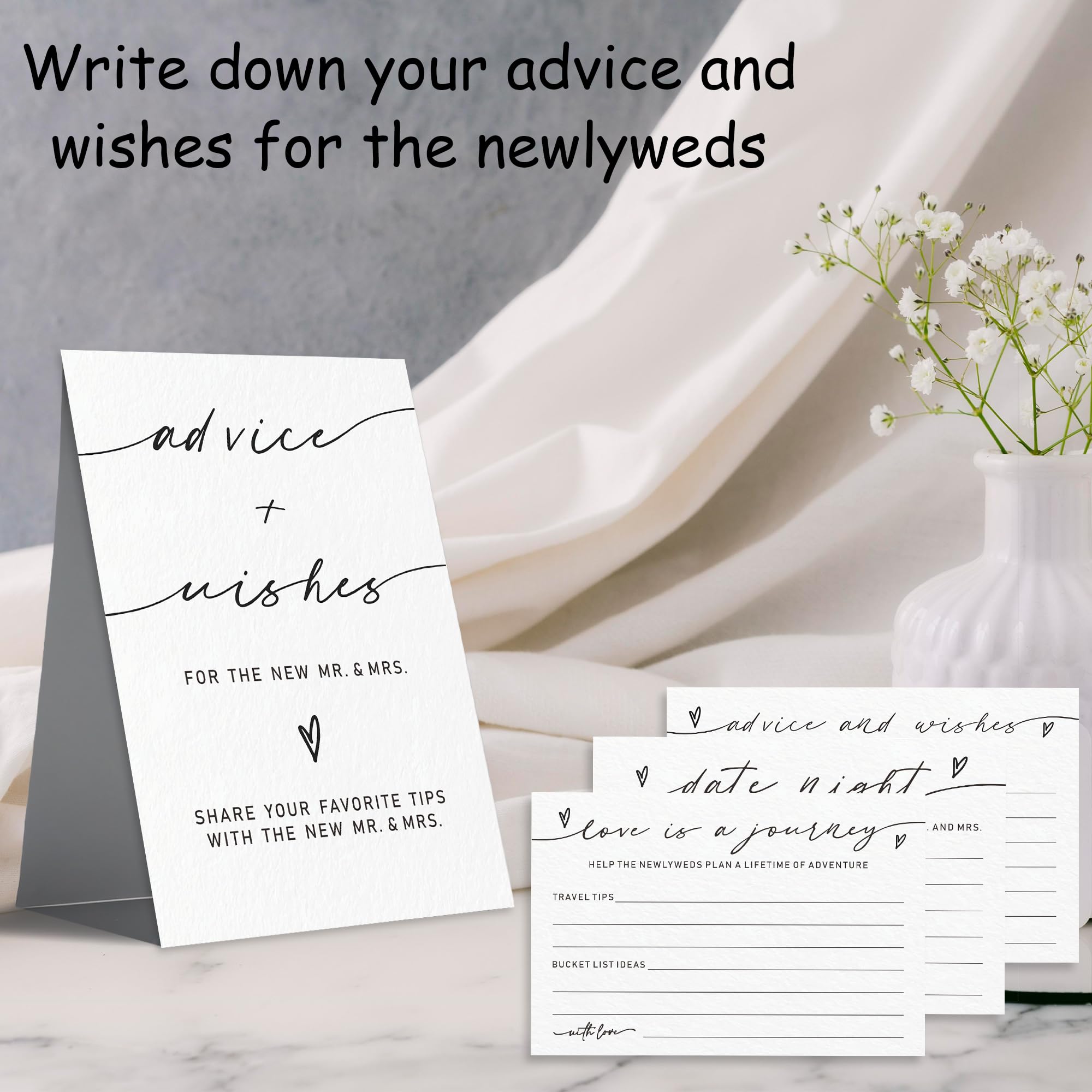 Advice And Wishes Card Set For The New Couples, 1 Standing Sign 15 Advice Cards, 15 Date Night Cards Cards 15 Journey Idea Cards For Bride, Groom, Newlyweds, Wedding Favors & Supplies(White)-C01