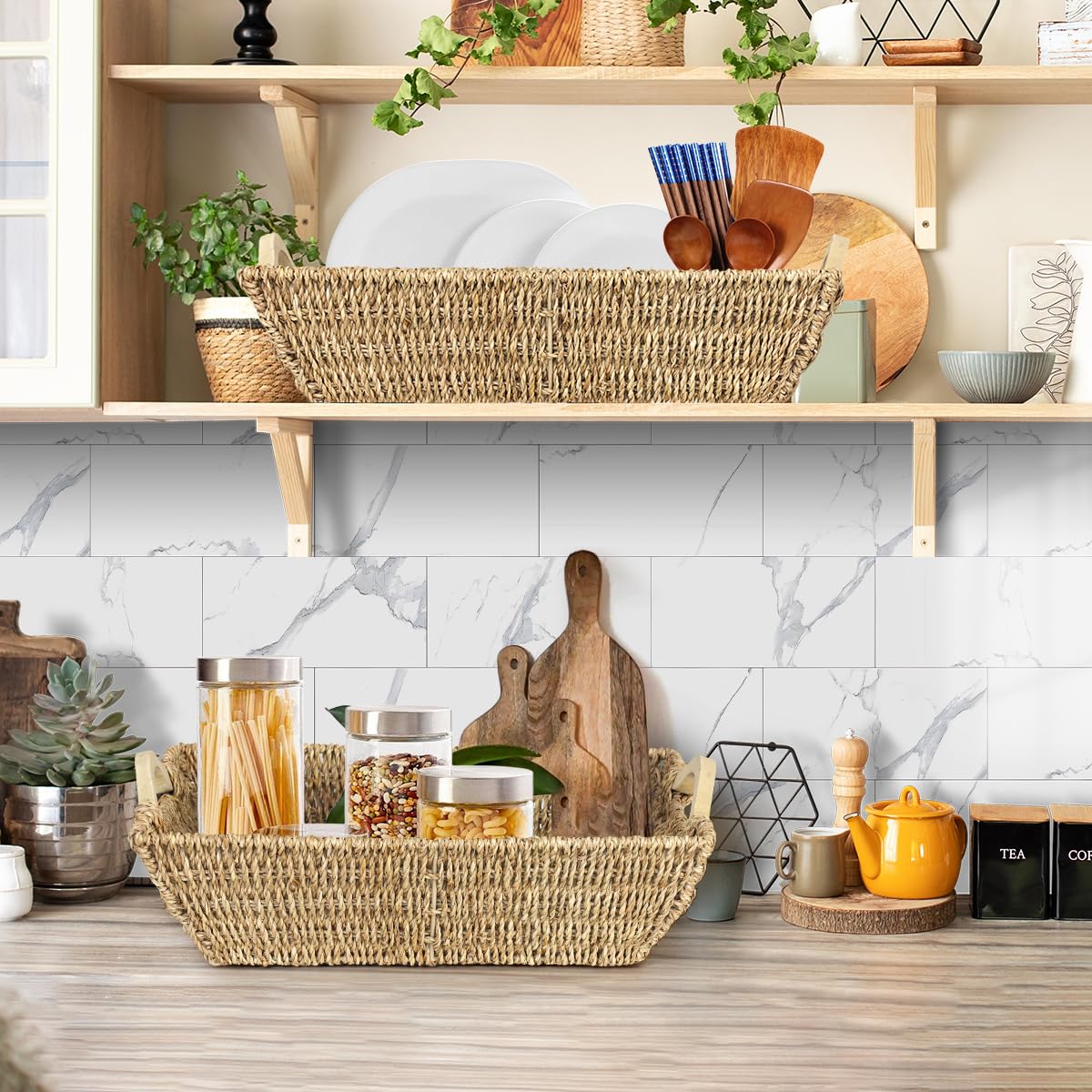 WEAVELYRICS 2-Pack Wicker Baskets with Wooden Handles, Hand-Woven Storage Baskets, Seagrass Wicker Baskets for Organizing, Decorative Baskets, Wicker Storage Baskets for Pantry, Shelves