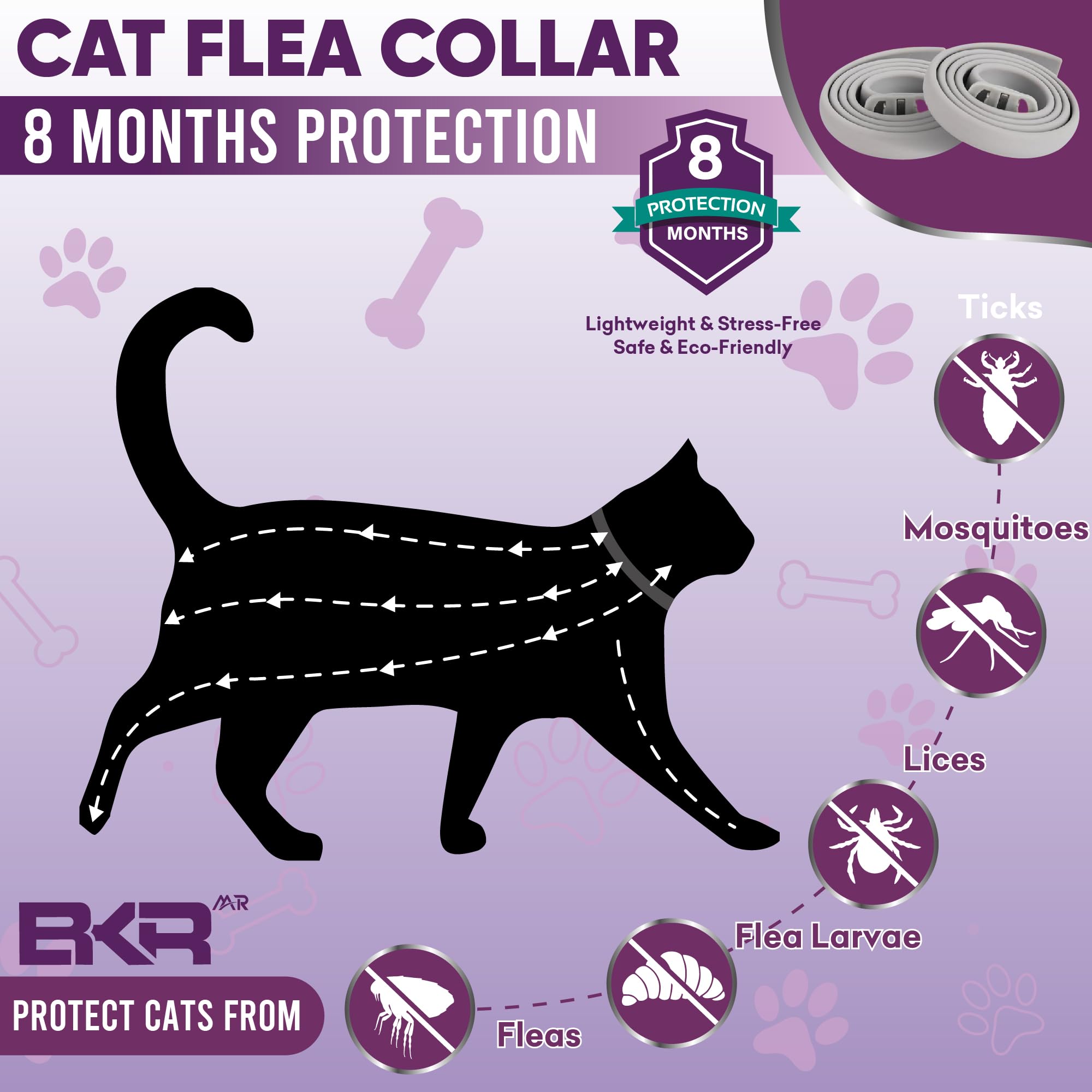 BKRMART Flea and Tick Collar for Cats, 8 Months Protection Natural Cat Flea Collar and Tick Treatment, One Size Fits All Cats Flea & Tick Prevention Collar 2 Pack