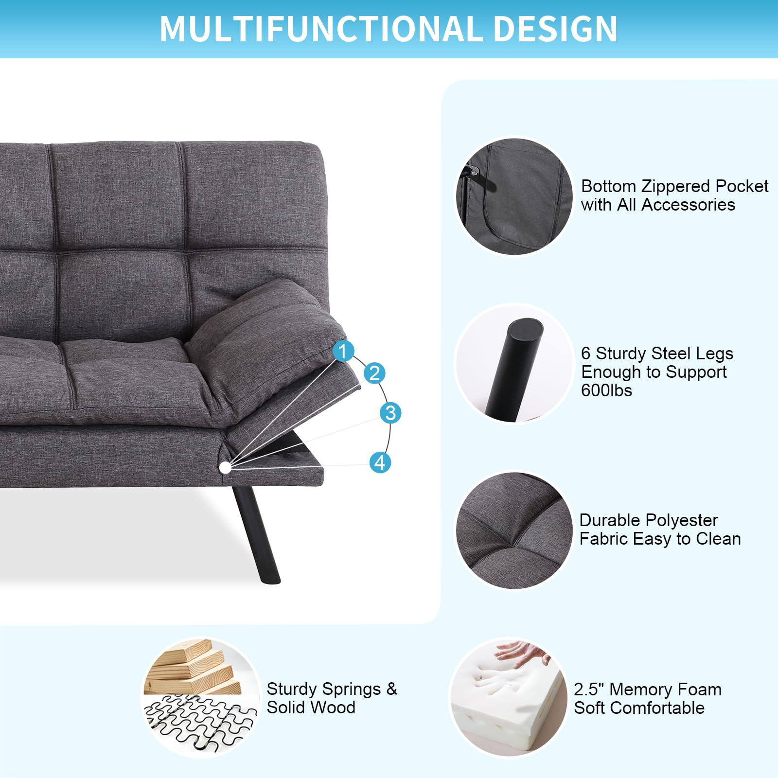 MUUEGM Futon Sofa Bed Couch, Memory Foam Futon Convertible Sofa Bed, 71″Fabric Futon with Convertible Backrest, Modern Loveseat Sofa, Sleeper Couch for Compact Space, Apartment, Living Room, Dark Grey