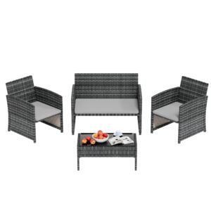 LHBcraft 4-Piece Patio Furniture Set Outdoor Wicker Rattan Chairs and Loveseat with Cushions and Glass Table for Garden, Backyard, Balcony, Porch, or Poolside - Grey and Grey