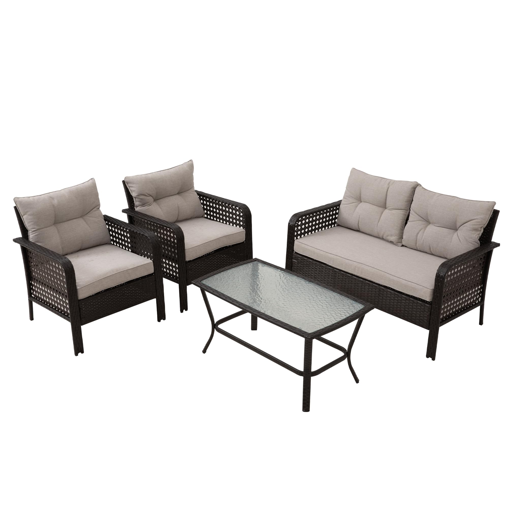 RoyalCraft Patio Furniture Set 4 Pieces, Wicker Conversation Sets with Cushions and Glass Coffee Table, Outdoor Rattan Chair for Garden Backyard Porch Balcony Deck, Brown and Beige