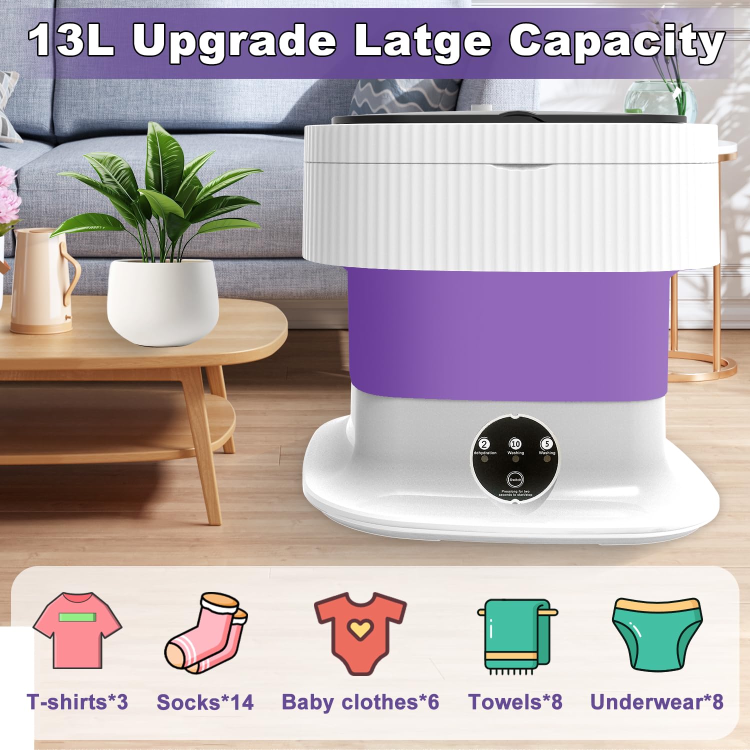 Mini Portable Washing Machine with Spin Dry, 13L Foldable Small Washer，Compact Laundry Lavadora Portatil for Underwear, Baby Clothes, Socks or Small ltems, Dormitory, Apartments, Travel, Purple