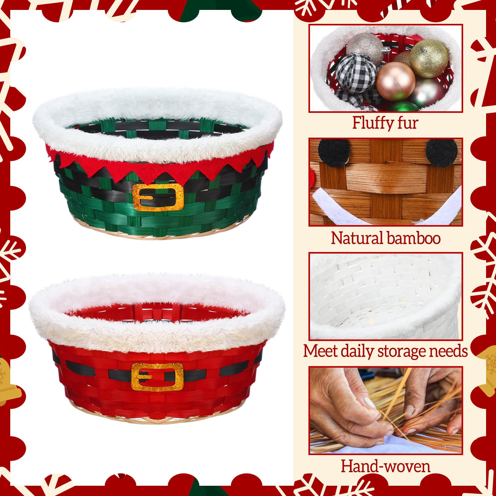 Youyole 4 Pieces Christmas Basket for Gifts Snowman Woven Bamboo Basket Xmas Round Gingerbread Basket Small Santa Claus for Christmas Party Supplies Gift Snack Storage